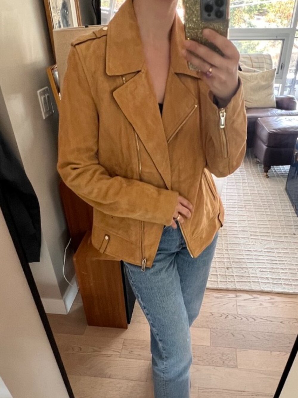Massimo Dutti Goat Suede Moto Jacket Camel Tan Leather Size M